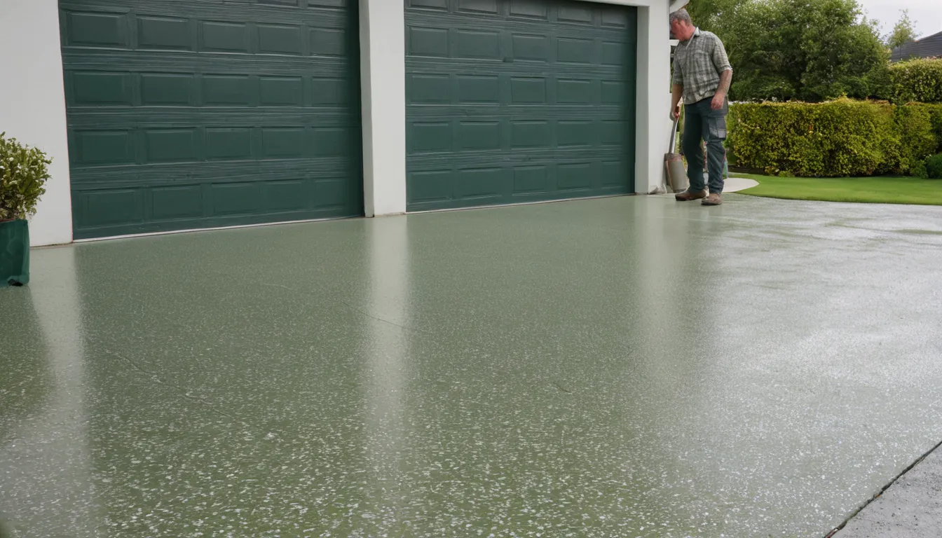 Freshly coated concrete floor in a bright home garage in the Tampa area