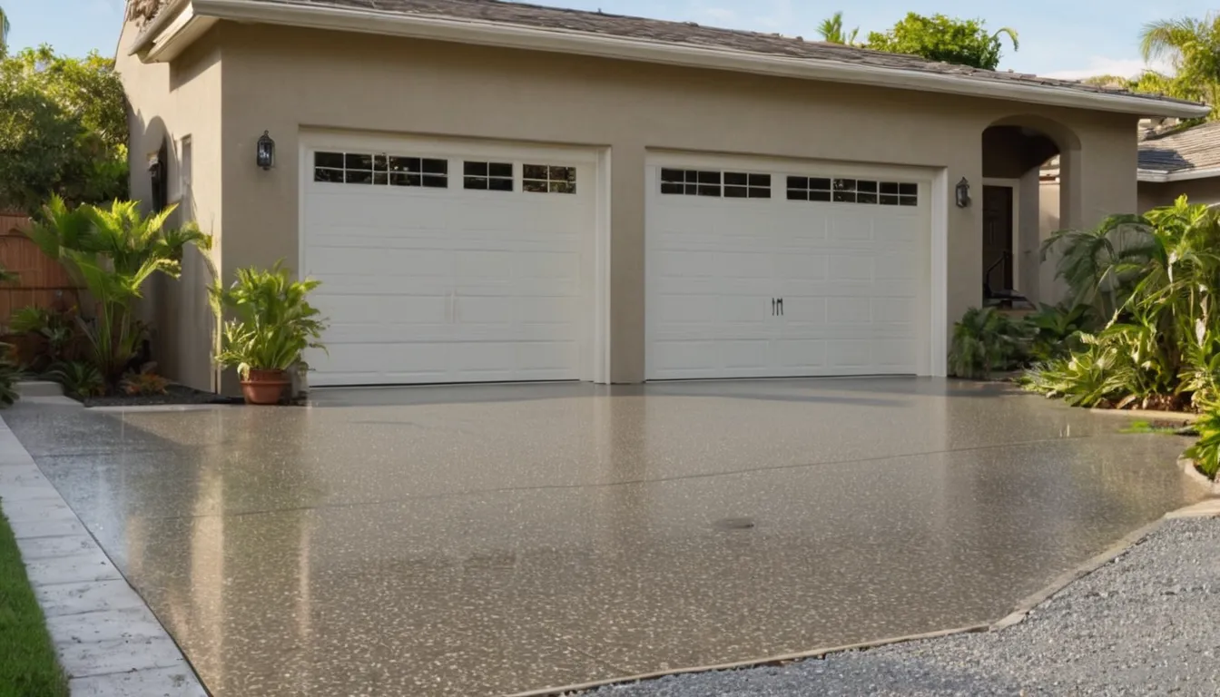 Freshly coated polyaspartic garage floor with gray and tan flakes in a the Tampa area home